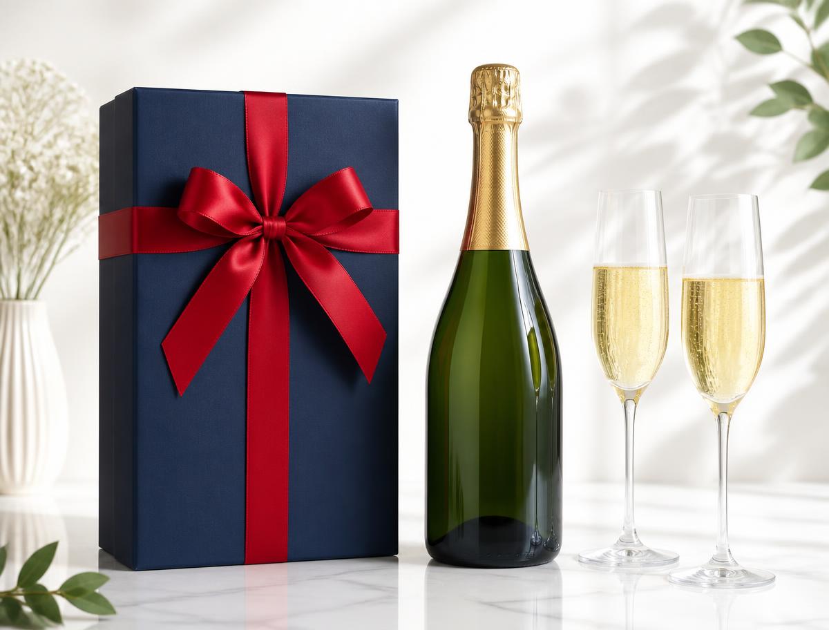 Navy gift box with red ribbon beside a sparkling wine bottle and two glasses