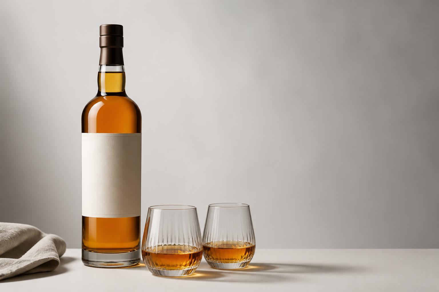 A single unbranded whisky bottle and two glasses photographed on a plain studio field