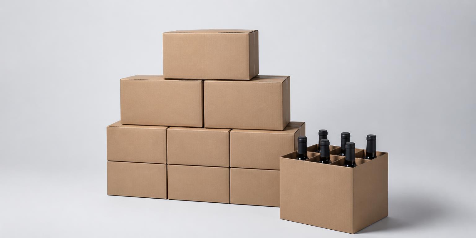 Plain cardboard cases and a six-bottle carton photographed on a studio field