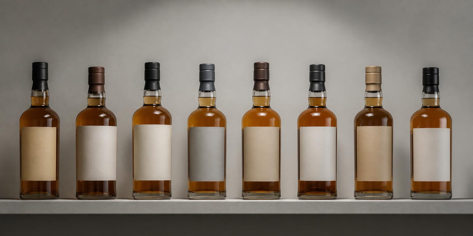 A row of unbranded single malt whisky bottles on a plain studio shelf
